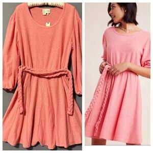 Anthro NWT Coral Textured Dress Long Sleeve Flared Circle Skirt Braided Belt